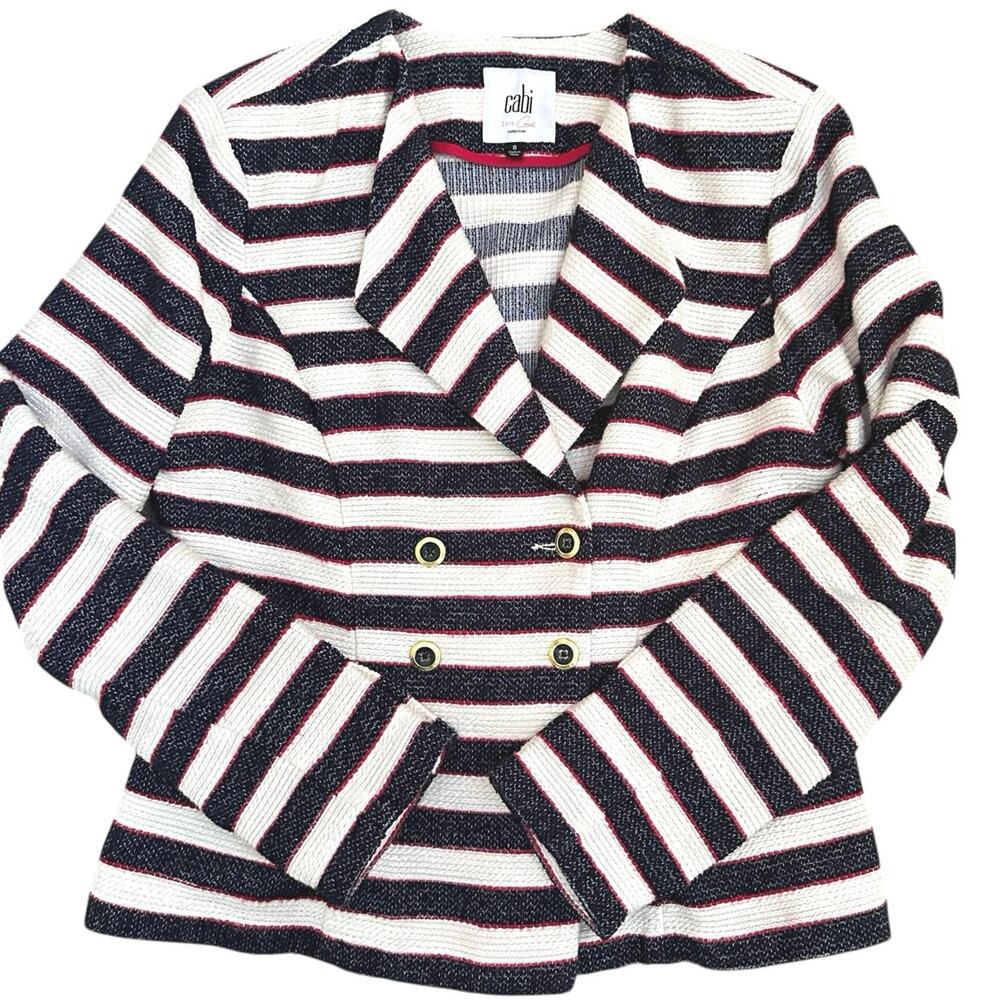 Cabi Womens 8 Double Breasted Nautical Blazer Navy White Red Striped Jacket